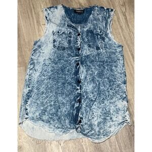 Thrill Jeans Acid Wash Sleeveless Top Button Down Shirt w Pockets Medium